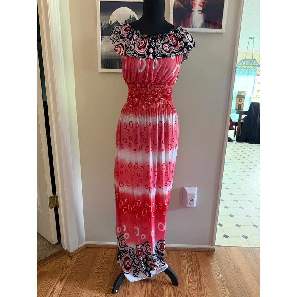 Womens Red Geometric Circle Print Smocked Waist Off Shoulder Maxi Dress Boho XL